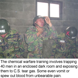 The chemical warfare training involves trapping 40 men in a enclosed dark room and exposing them to C.C. tear gas. Some even vomit or spew out blood from unbearable pain