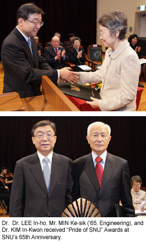 Dr Dr. LEE In-ho, Mr. MIN Ke-sik (’65, Engineering), and Dr KIM In-Kwon received “Pride of SNU” Awards at SNU’s 65th Anniversary.