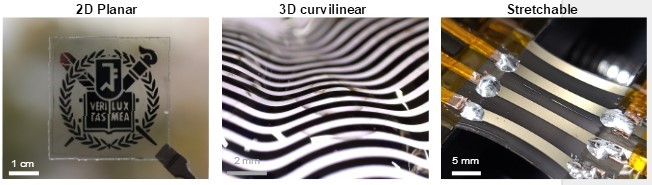 Figure 1: Metal thin film patterns on (left to right) 2D planar, 3D curvilinear, and stretchable substrates