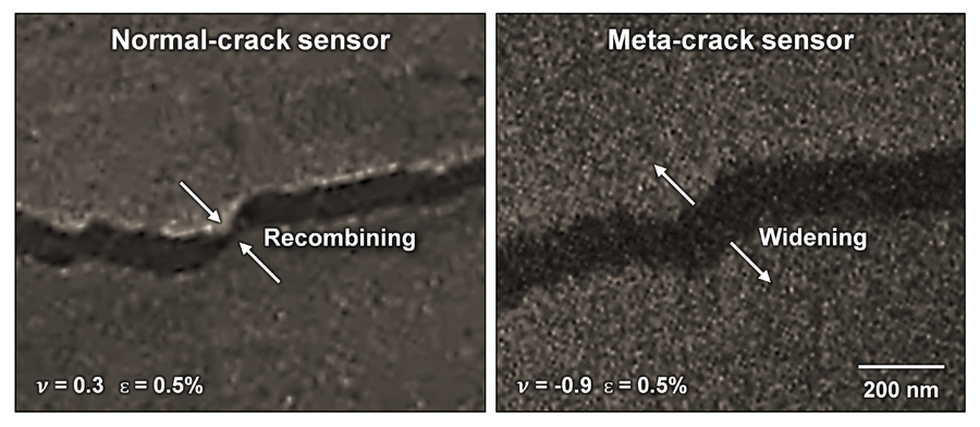 ▲ Figure 2. (Left) Crack edge recombination observed in a normal crack sensor. (Right) Specific crack-widening behavior in a meta-crack sensor.