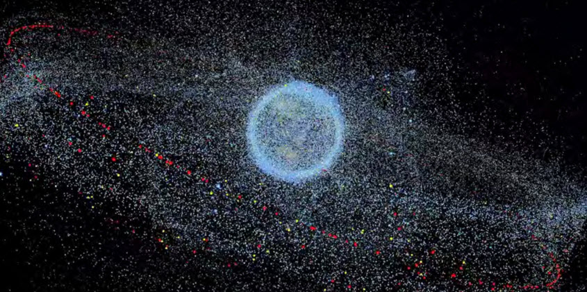 An illustration of space debris distributed in the earth’s orbit. The red dots represent satellites, the yellow dots the rocket bodies, the green dots the objects related to their missions, and the blue dots their fragments (Image source: European Space Agency (ESA))