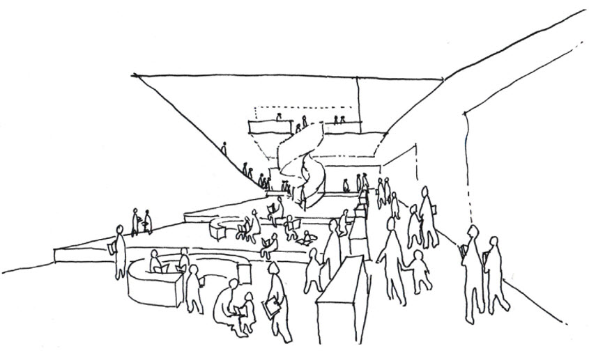 A sketch of the reading room of the Maegok Library. Architect Lee and Jun designed the library to combine the general reading room and the children’s reading room so that families can read books together.