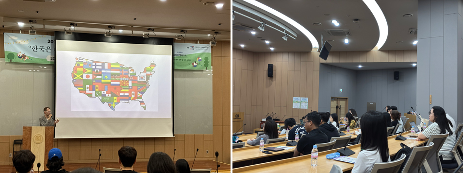 (left) Professor Ilya Belyakov giving his lecture / (right) Audience listening attentively