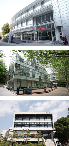 Three Shinyang Halls constructed with Chung’s donation: (from left) Bldg. #44-1 for engineering students, #4 for humanities students